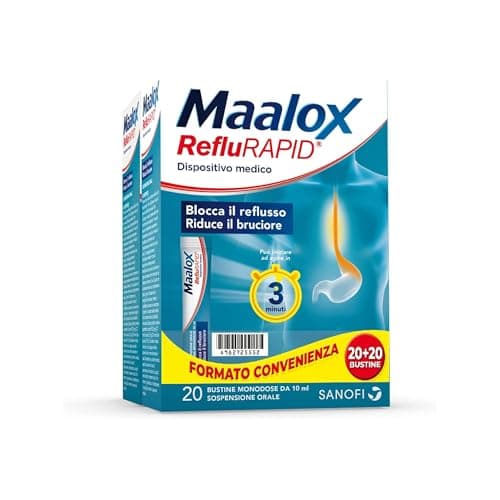 Maalox Reflurapid blocca il Reflusso e riduce il Bruciore, anche in Gravidanza e in caso di Reflusso Notturno - con Bicarbonato di Sodio, Senza Glutine Senza Lattosio, (40 Bustine Gusto Menta)