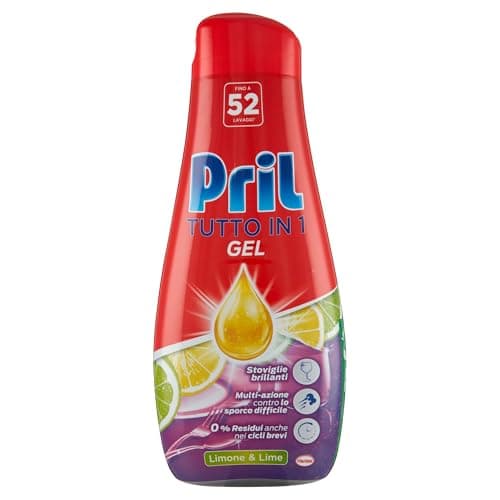 Pril Gel All In One Limone & Lime, Detersivo Lavastoviglie Liquido Multi-Azione Sporco Difficile, Confezione da 52 Lavaggi