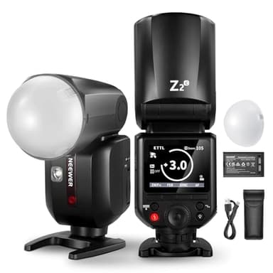 NEEWER Z2-C Flash Speedlite TTL Rotondo 2,4G Compatibile con Canon, 76Ws HSS 1/8000s con Diffusore, 2 Lampade Pilota, Nuova UI, Tasto di Commutazione TTL/M, Batteria 3000mAh, 600 Flash a Piena Potenza