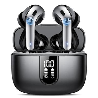 Cuffie Bluetooth, 2024 Auricolari Bluetooth 5.3 Stereo HiFi con 4 HD Mic, Cuffie Wireless In Ear ENC Cancellazione Rumore, Cuffie Senza Fili con LED Display 50 Ore, IP7 Impermeabile, Nero