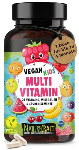 Vegan Kids Multivitaminico – Vitamina A+B1 + B2 + B3 + B5 + B6 + B7 + B9 + B12 + C+D3 + K2+E + colina + ferro + zinco + iodio + potassio + selenio + sodio + magnesio – complesso per bambini con 120