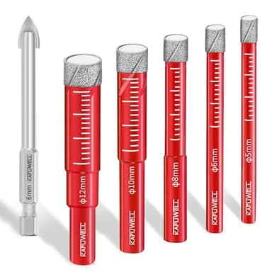 KAFUWELL 6pz Punte Trapano Diamantate per Gres Porcellanato, 5/6/8/10/12mm Punte Diamante, 6mm Carbide Punte, per Piastrelle di Ceramica, Quarzo, Vetro, Granito, Mattone, Marmo, Porcellana, Gres Fine