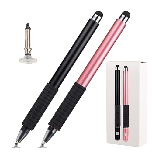 Penna per Tablet Touch - Penna Ipad compatibile Samsung/Android/IOS - Superficie antiscivolo e punte intercambiabili- kit 2 stylus pen nero/rosa