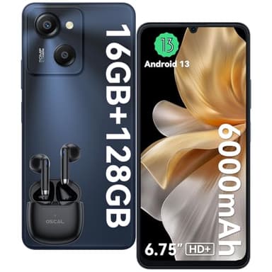 OSCAL Modern 8 Smartphone 16GB+128GB/1TB-TF, 2GHz Octa-Core, 50MP+8MP, 6.75" HD+/90Hz, 6000mAh, Android Telefono Cellulare, 4G Dual SIM Smartphone Offerta 3 Slot/Fingerprint/Face ID/OTG/GPS Grigio