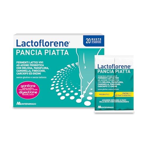 Lactoflorene Pancia Piatta, Fermenti Lattici, Probiotici, Senza Glutine Senza Lattosio Integratore con Probiotici, Enzimi ed Estratti vegetali (Finocchio) per il Gonfiore addominale (20 Bustine)