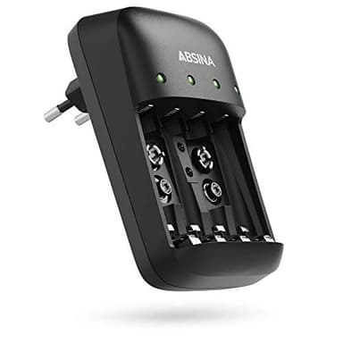 ABSINA Caricabatterie pile ricaricabili AA AAA e 9V - Caricabatterie NiMH 4 Slot per batterie ricaricabili - Carica pile ricaricabili AAA, AA e 9V - Caricabatterie AA AAA, caricabatterie ricaricabili