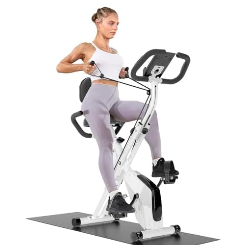 Dskeuzeew - Cyclette pieghevole 4 in 1, magnetica, per ciclismo indoor, con display LCD e sensore di frequenza cardiaca, con bande di resistenza, attrezzatura per allenarsi a casa (bianco)