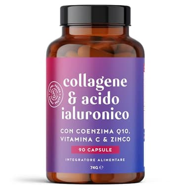 Collagene Marino e Acido Ialuronico con Coenzima Q10, Vitamina C, A, B12, D3, Zinco, Magnesio | 90 Capsule | Peptidi di Collagene Idrolizzato | Integratore per Pelle, Ossa, Articolazioni | Alpha Foods