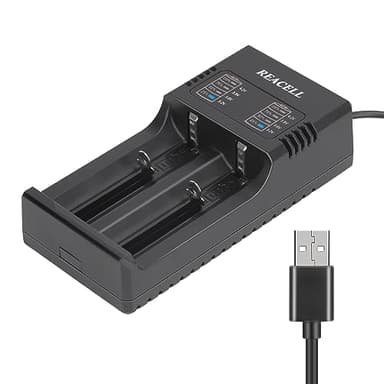 REACELL Caricabatterie 18650, Universale Carica Batteria a Ricarica Rapida per Batteria Ricaricabile Li-ion 3,7 V 18650 18490 18350 17670 17500 16340 14500 con Cavo USB