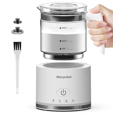 Montalatte Elettrico, Morpilot Milk Frother in Vetro, Spegnimento Automatico, 4 in 1 Funzione, Capacità 250ml Cappuccino o 500 ml Latte Caldo, Design Diviso, Bianco