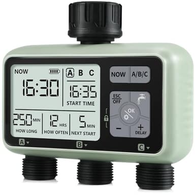 CROSOFMI 3 Vie Timer Irrigazione Automatica Digitale Centralina Irrigazione Temporizzatore Programmatore Irrigazione Giardino /IPX5 Impermeabile/Ritardo Pioggia/Modalità di Irrigazione Manuale