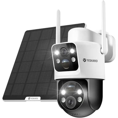 YESKANO Telecamera Wi-Fi Esterno, 6MP Videocamera Sorveglianza con pannello solare, PTZ Telecamera Wifi Esterno Senza Fili con Doppio Obiettivo e Doppio PIR a Batteria, 2.4GHz, IP66, Supporta Alexa