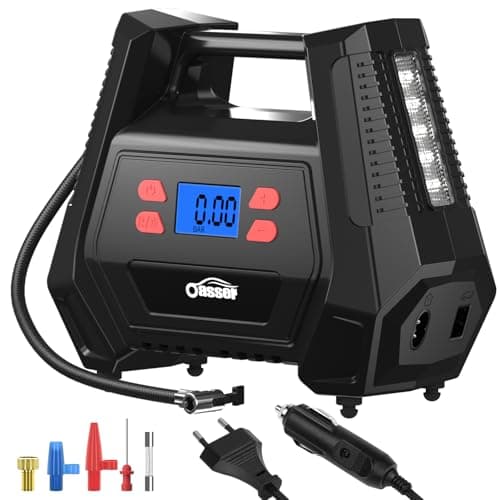 Oasser Compressore Aria Portatile 12V AC/240V DC da 150 PSI con 5 Adattatori per Ugelli, Luce a LED, include Manuale Adatta per Auto Motociclette