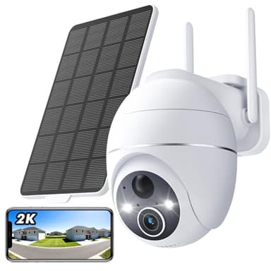 YESKAMOU Telecamera Wi-Fi Esterno Senza Fili, 2K Telecamera WiFi Esterno Senza Fili Videocamera Sorveglianza, Pannello Solare a Batteria, 360° PT, Visione Notturna a Colori, Funziona con Alexa, 2,4GHz