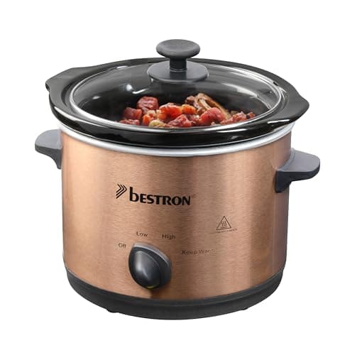 Bestron Slowcooker per 2 persone, pentola in ceramica e coperchio in vetro, termostato a 3 livelli, ideale per molti piatti come carne, zuppe e verdure, 1,5 litri, collezione di rame