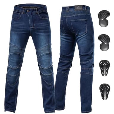 ForMTRider Pantaloni Moto Uomo con Armatura CE, Jeans Elastici in Denim per Tuta da Moto a Tutte Le Stagioni,Blu,34W/30L