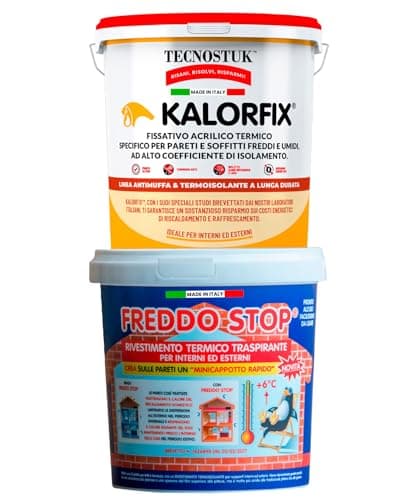 Eurocali Tecnostuk Freddo Stop Rivestimento Termico Traspirante Interni ed Esterni Termoisolante per Muri Freddi Umidi 2,5L + Kalorfix Fissativo Isolante Termico 1L - Made in Italy