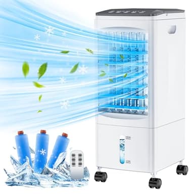 Condizionatore Portatile d'aria Silenzioso, Raffreddatore d'aria Grande, Serbatoio da 5.5 L, Condizionatore Evaporativo Mobile 4 in 1 con Timer 1 a 7 ore, 2 Modalità y 3 Velocità, Ruote, Telecomando