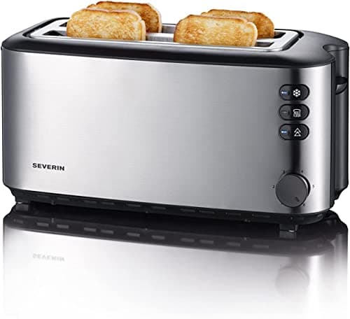 SEVERIN AT 2509 Tostapane 4 fette Maxi 1400W con griglia, tasto scongelamento e regolazione doratura, Tostafette 4 fette, Tostapane in acciaio inossidabile, Nero/argento opaco
