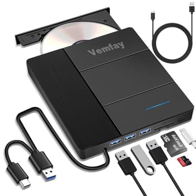 Vemfay Masterizzatore DVD CD Externo, Lettore DVD Esterno per PC, USB 3.0 Type-C Lettore di Schede SD/TF Masterizzatore RW Portatile, Lettore di Unità per Win11/10/8/7/XP, Linux, Mac OS, Vista