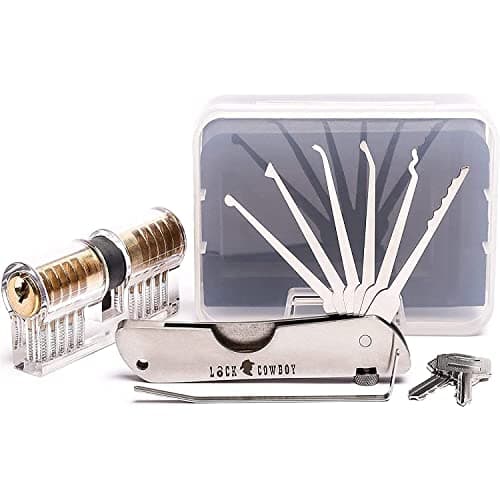 7-in-1 Set Grimaldelli Professionali per imparare ad aprire lucchetti con Serratura Porta Trasparente 2-in-1 per Allenamento by LockCowboy + 2 guide E-book in Omaggio