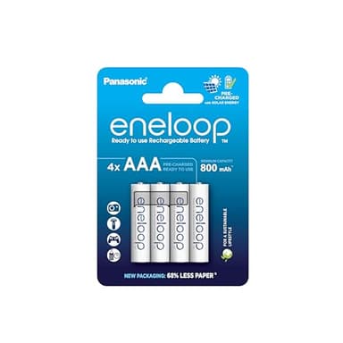 eneloop, batterie ricaricabili AAA/Micro, confezione da 4, capacità di min. 800 mAh, batterie Ni-MH, pronte all'uso, ricaricabili fino a 2000 volte, confezione senza plastica, standard, bianche