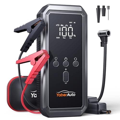 YaberAuto Avviatore Emergenza per Auto 4000A e Ricarica Rapida 18W, Booster Avviamento Auto/Moto con Compressore 150PSI, 12V Starter Batteria (9.0L Gas/8.0L Diesel),Uscita DC 160W,Torcia,LCD