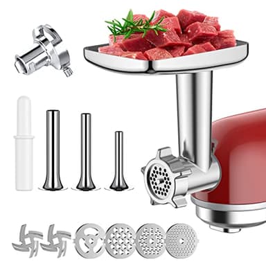 COFUN Tritacarne per Kenwood Kmix KMX750 e Kenwood Chef KVC85 Accessorio, Adatto per Kenwood Robot da Cucina, Include 3 Tubi di Ripieno per Salsicce e 4 Tipi di Piastre di Macinazione(con adattatore)
