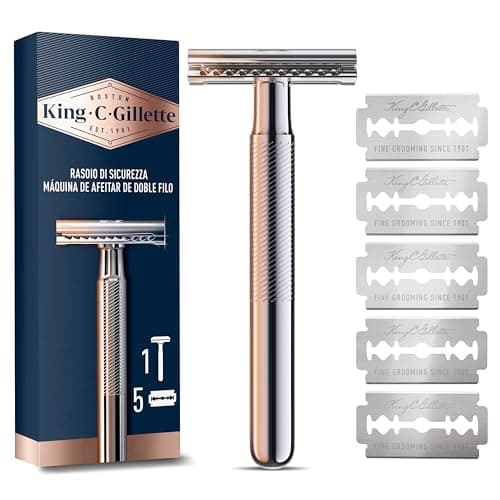 King C. Gillette Rasoio di Sicurezza, 1 Manico, 5 Lamette da Barba, in Acciaio Inossidabile, Lametta rivestita di Platino Idea Regalo Uomo per Cura della Barba
