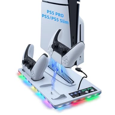 Tolesum Verticale Supporto con Raffreddamento per PS5/PS5 Pro/PS5 Slim,Supporto di Ricarica per Doppio Controller PS5 con USB/Ventola a 3 Livelli/luce RGB per PS5 UHD& Digital /PS5 Slim Disc & Digital