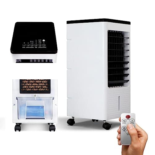Brina Raffrescatore Evaporativo Umidificatore Ventilatore Aria Con Ruote Portatile Acqua e Ghiaccio 80 Watt Tanica da 5 Litri con Telecomando e Timer