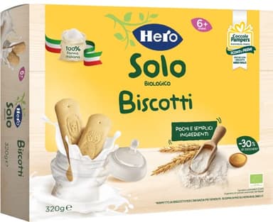 Hero Solo Biscottini Solubili, 100% Biologico, Biscotti senza zuccheri aggiunti e senza olio di palma, dai 6 mesi in su - Cartone 320 g
