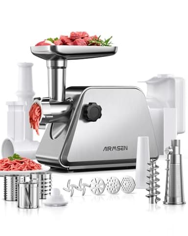 AIRMSEN Tritacarne Elettrico 5 in 1 - Macchina per Fare Salsicce con Accessori Completi, Alta Prestazione, Tritacarne per Carne e Verdura, Funzione di Inversione, Basso Rumore, Facile da Pulire