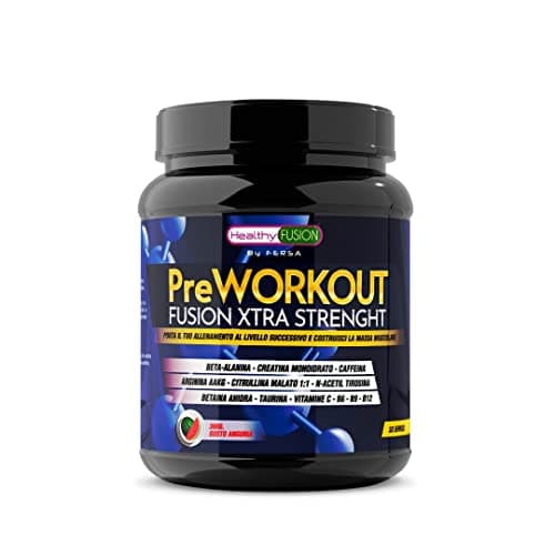 Healthy Fusion Pre workout Potente Pre-Allenamento | Beta Alanina + L-Arginina AAKG + Creatina + Caffeina + Taurina| Promuove lo sviluppo muscolare | Aumenta il rendimento fisico | Gusto Anguria 300 g