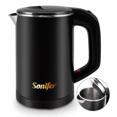 Bollitore da viaggio da 0,6l in acciaio inox da campeggio bollitore design a doppia parete 800W bollitore da tè bollitore da tè evitare scottature riscaldamento silenzioso | risparmio energetico(Nero)