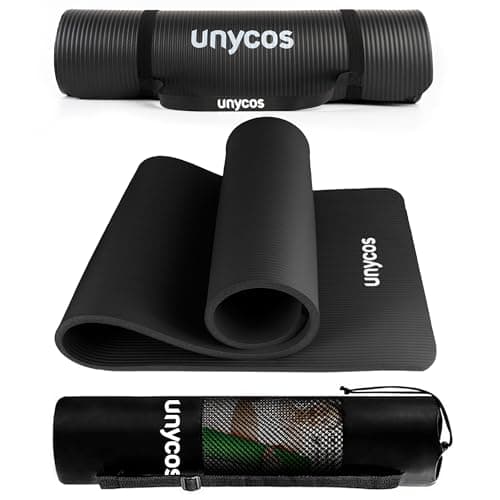 unycos - Tappetino Antiscivolo da Yoga, Pilates e Ginnastica Extra Spesso 10 mm, 183x60 cm, Materassino Fitness con Schiuma NBR Confortevole, Tracolla, Borsa ed E-Book di 50 Esercizi (Nero)