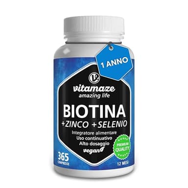 Vitamaze® Biotina Capelli + Selenio + Zinco, 365 Compresse (1 Anno) Crescita di Capelli, Pelle e Unghie Sani, Vitamina B7, Integratori per Capelli, Qualità Tedesca