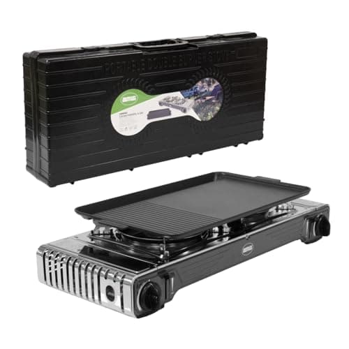 Amig - Fornello da Campeggio a Gas | Cucina Portatile |2 Bruciatori | Include Ferro - Griglia a Fusione | Acciaio Inossidabile | 2 x 2,2 kW di Potenza