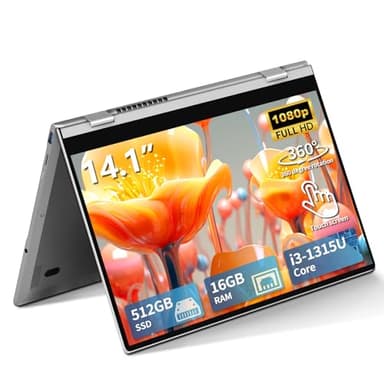 14,1" Computer portatile 2 in 1, Win 11 PC Portatile Core i3-1315U CPU, Portatile 16 GB RAM 512 GB SSD, Laptop con tastiera retroilluminata+sblocco con impronta digitale, schermo touch girevole a