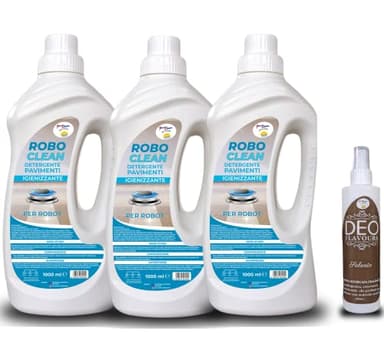 Roboclean (3 bottiglie da 1l +1 Essenza per Tessuti e ambienti da 250 ml) - Detergente per robot pulitore, per pavimenti, detergente concentrato lavapavimenti con igienizzante