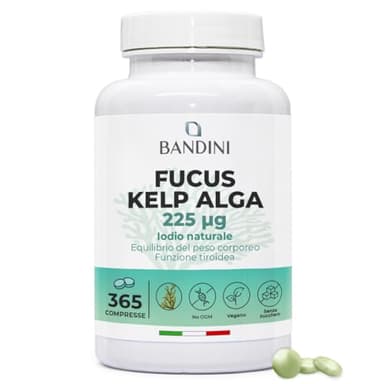 Bandini® Fucus Kelp Algae (Iodio Naturale 225mcg), 365 Compresse (Copertura 1 anno) 100% Vegane, Alga Bruna Titolata allo 0,1% in Iodio, Stimola il Metabolismo Energetico, Unghie, Capelli, Benessere