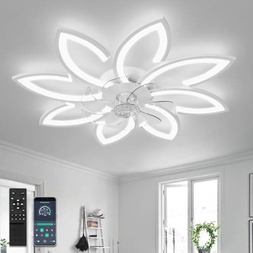 90 cm Lampadario Ventilatore da Soffitto Con Telecomando Led Dimmerabile Pale da Soffitto Design DC Plafoniera Fiore Led Reversibile 6 Velocità Lampadari a Ventola per Camera da Letto Cucina,Bianco