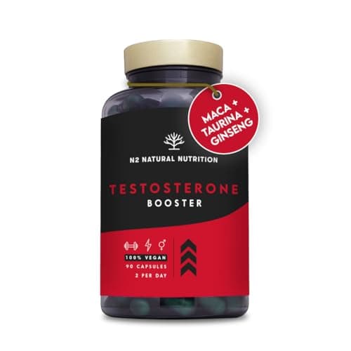 Testosterone Uomo. Maca, Taurina, Fieno Greco, Ginseng, Zinco e B6. Migliora le Prestazioni Fisiche e il Desiderio. Energizzante Muscolare. 90 Capsule Vegetali. VEGANO, CE. N2 Natural Nutrition