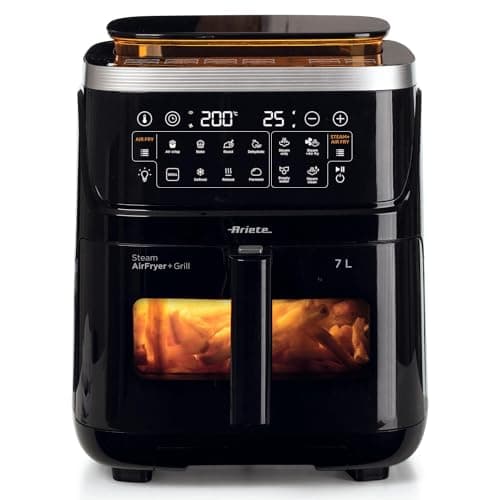 Ariete 4636 Friggitrice ad aria con funzione vapore+ Grill, 1700W, Funzione essiccazione, 10 funzioni di cottura, Cestello trasparente, Timer, Luce interna, Nero