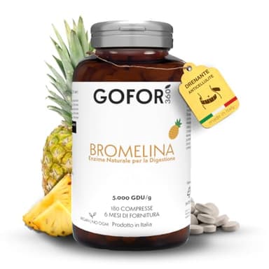 Bromelina 5000 GDU/g Drenante Forte 180 Compresse - Gastroprotetta per Cellulite, Ritenzione Idrica, Microcircolo, Detox Naturale, Drenante Forte Veloce Donna - gofor360