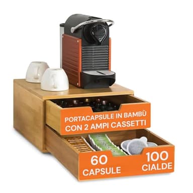 Avilia Porta Cialde e Capsule Caffè in Bambù con 2 Cassetti - Organizer Salvaspazio, Supporto per Macchina Caffè - 30x31x18cm - Elegante, Resistente e Pratico - Ideale per Cucina e Ufficio