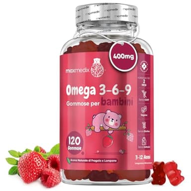Omega 3 6 9, Olio di Perilla (ALA 60%) 400mg, 120 Gommose (Per 2 Mesi) all' Aroma di Fragola e Lampone, Gommose Omega 3 Bambini, Crescita e Sviluppo, Alternativa Vegana all' Olio di Pesce, Senza OGM