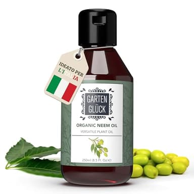 Garten Glück Olio di Neem Puro Concentrato, 250ml - Emulsione Idrosolubile a Base di Olio di Neem per Piante - Anti-Insetti Multiuso per Giardino, Piante e Fiori - Difesa da Qualsiasi Tipo di Insetto