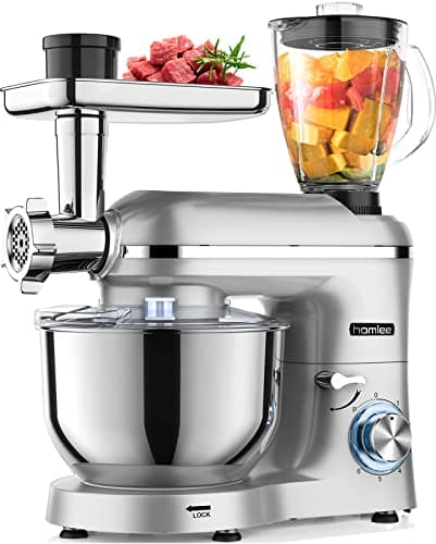 Homlee Impastatrice Planetaria,Robot Da Cucina Multifunzione 1800W,Tritacarne Per Carne Macinata, 1.5L Frullatore Per Succhi, Robot Da Cucina 5 In 1 Per Pane, Torte, Insalate