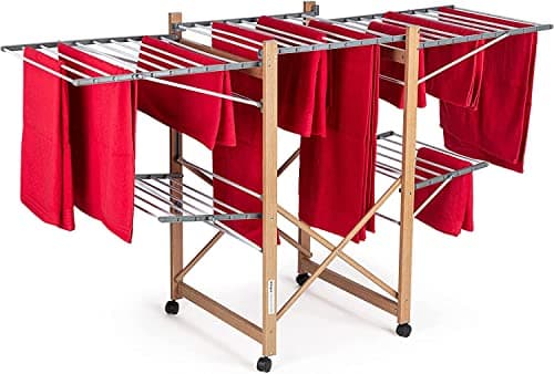 VITAPUR Elegante Stendibiancheria Estensibile da Esterno ed Interno, in Plastica Effetto Legno, Stendino Salvaspazio a 2Livelli con Ali Pieghevoli, Allungabile, anche per Lenzuola
